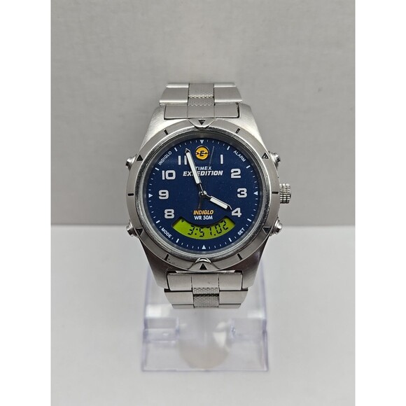 Vintage Timex Expedition Ana Digi Blue Dial Watch Indiglo 50M Alarm New Battery - Picture 1 of 14
